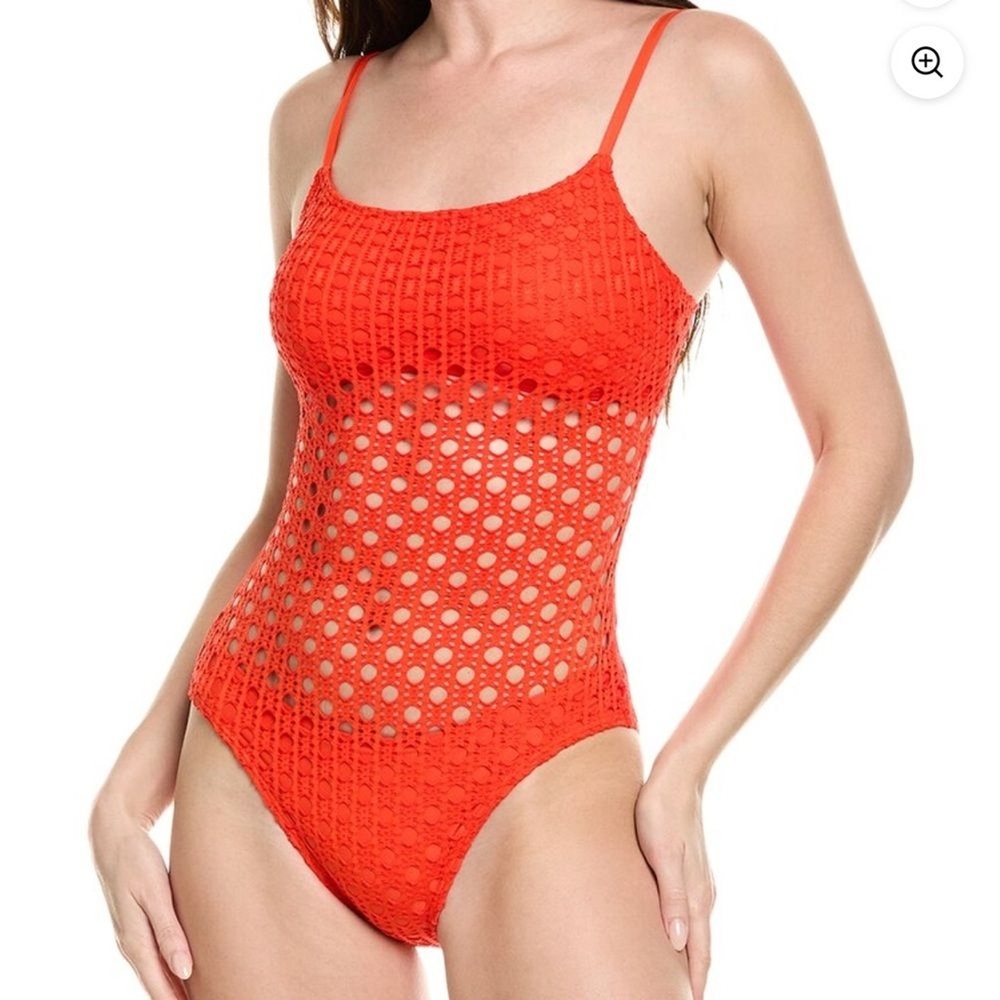 Carmen Marc Valvo Swimwear Orange Crochet Cutout One Piece Swimsuit Size 12 NWT